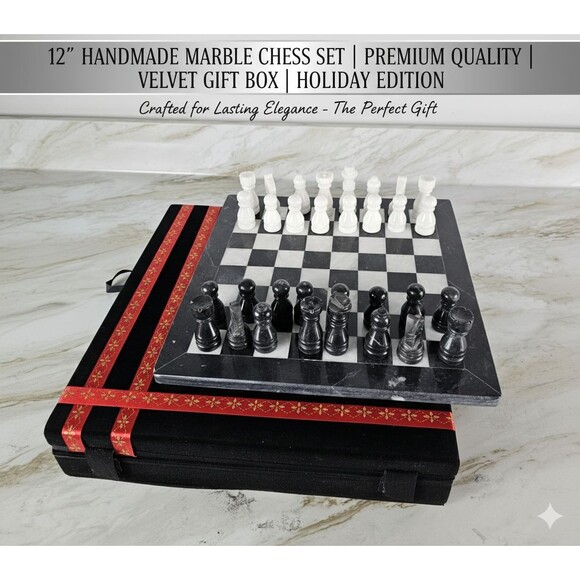 12" Marble Chess set, storage box, black/white, Christmas, Holiday Gift edition - Picture 1 of 16